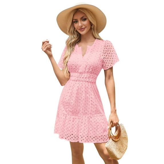 IBTOM CASTLE Women Short Sleeve Hollow Out Mini Dress Summer Casual Ruffle A-Line V Neck Sundress Beach Lace Vacation Dress M Pink