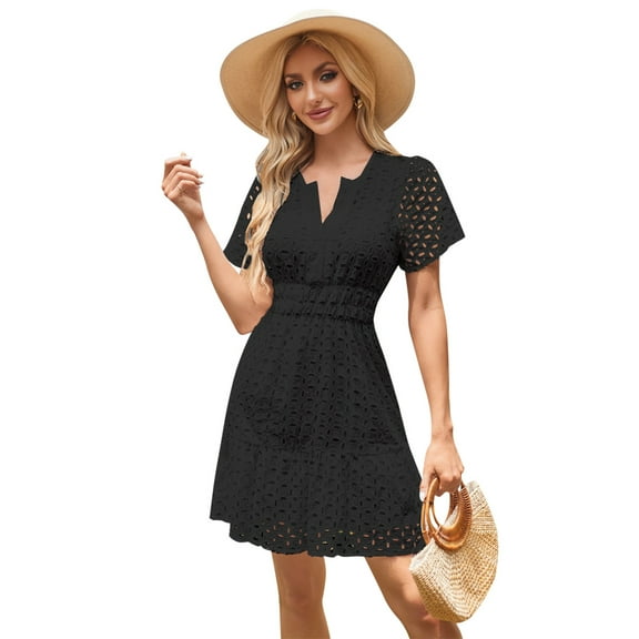 IBTOM CASTLE Women Short Sleeve Hollow Out Mini Dress Summer Casual Ruffle A-Line V Neck Sundress Beach Lace Vacation Dress S Black