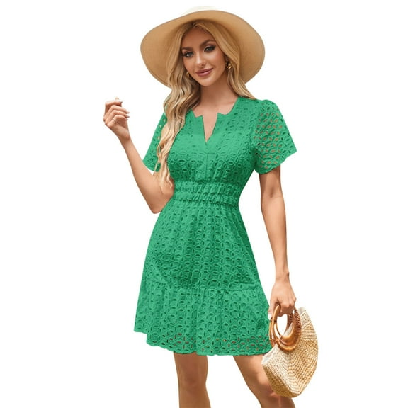 IBTOM CASTLE Women Short Sleeve Hollow Out Mini Dress Summer Casual Ruffle A-Line V Neck Sundress Beach Lace Vacation Dress S Green
