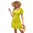 thumbnail image 1 of IBTOM CASTLE Women Short Sleeve Hollow Out Mini Dress Summer Casual Ruffle A-Line V Neck Sundress Beach Lace Vacation Dress S Yellow, 1 of 6
