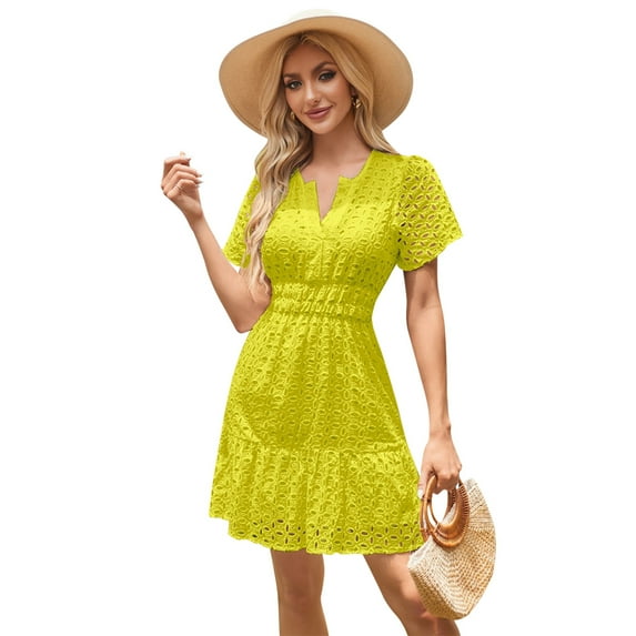 IBTOM CASTLE Women Short Sleeve Hollow Out Mini Dress Summer Casual Ruffle A-Line V Neck Sundress Beach Lace Vacation Dress S Yellow