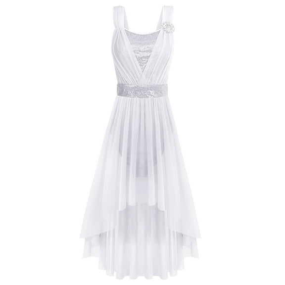 IBTOM CASTLE Women Sleeveless Sequin Elegant Lyrical Dance Long Dress Ballet Flowy Chiffon Mesh Tulle Skirt Dance Wear L White