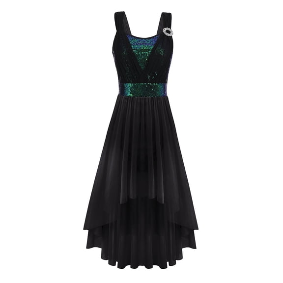 IBTOM CASTLE Women Sleeveless Sequin Elegant Lyrical Dance Long Dress Ballet Flowy Chiffon Mesh Tulle Skirt Dance Wear M Black