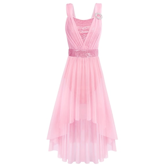 IBTOM CASTLE Women Sleeveless Sequin Elegant Lyrical Dance Long Dress Ballet Flowy Chiffon Mesh Tulle Skirt Dance Wear M Pink