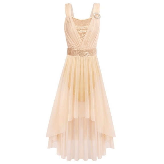 IBTOM CASTLE Women Sleeveless Sequin Elegant Lyrical Dance Long Dress Ballet Flowy Chiffon Mesh Tulle Skirt Dance Wear S Champagne