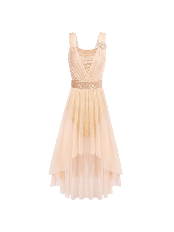 Women Sleeveless Sequin Elegant Lyrical Dance Long Dress Ballet Flowy Chiffon Mesh Tulle Skirt Dance Wear XS Champagne