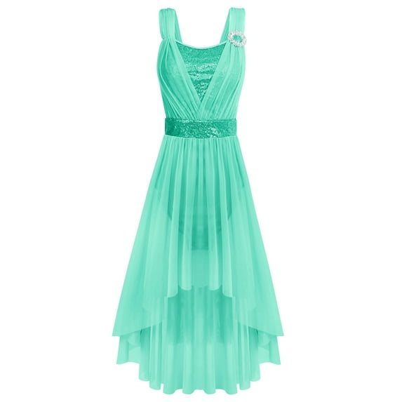 IBTOM CASTLE Women Sleeveless Sequin Elegant Lyrical Dance Long Dress Ballet Flowy Chiffon Mesh Tulle Skirt Dance Wear XS Green