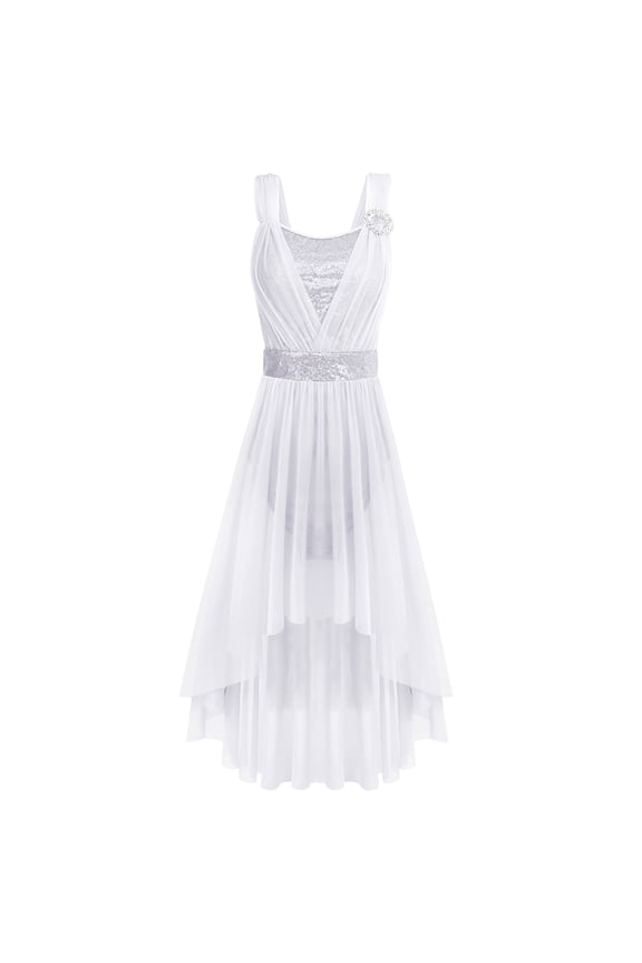 Women Sleeveless Sequin Elegant Lyrical Dance Long Dress Ballet Flowy Chiffon Mesh Tulle Skirt Dance Wear XS White