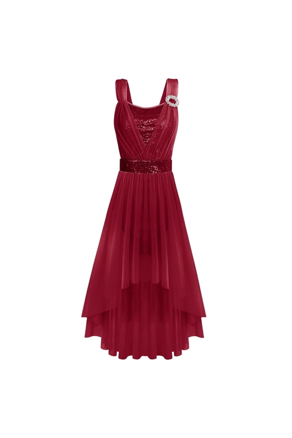 Women Sleeveless Sequin Elegant Lyrical Dance Long Dress Ballet Flowy Chiffon Mesh Tulle Skirt Dance Wear XS Wine Red