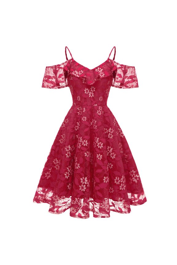 Women Spaghetti Strap Floral Lace Bridesmaid Cocktail Party Dress Cold Shoulder Ruffle Sleeve Wedding Guest Prom Dress Red