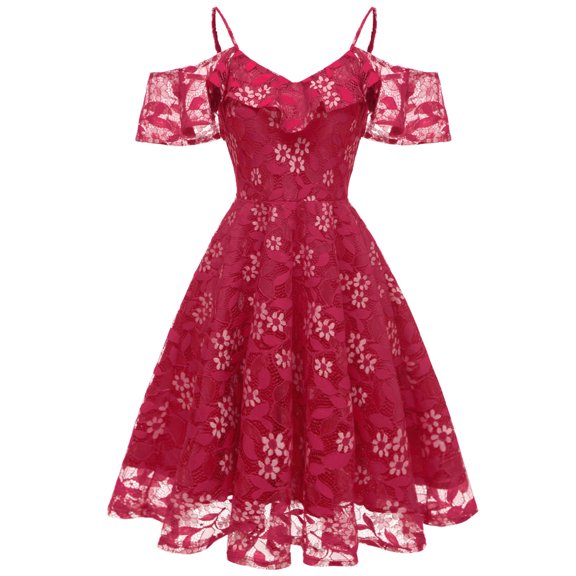 IBTOM CASTLE Women Spaghetti Strap Floral Lace Bridesmaid Cocktail Party Dress Cold Shoulder Ruffle Sleeve Wedding Guest Prom Dress Red
