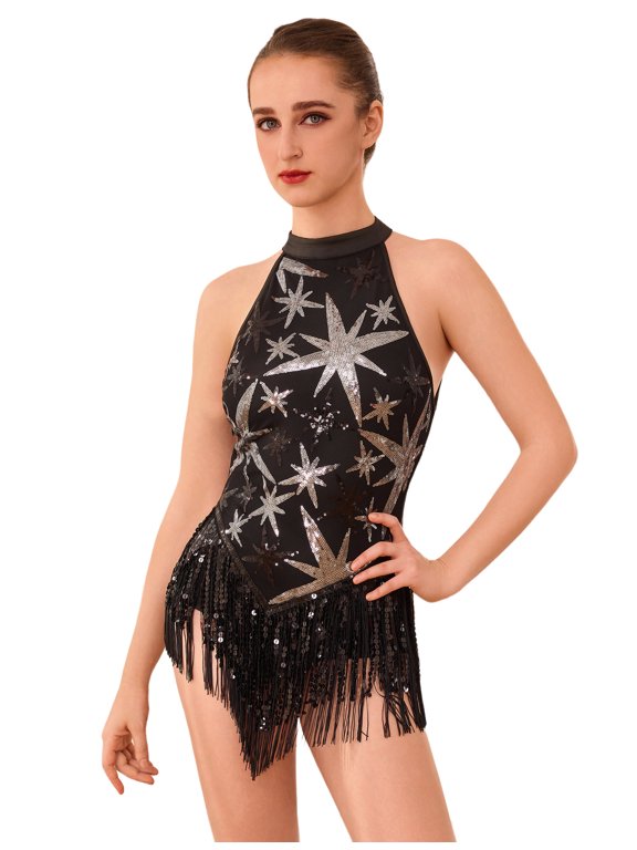 Women Star Sequins Fringe Tassel Cami Leotard One Piece Bodysuit Latin Jazz Dance Acrobat Rave Costume Black
