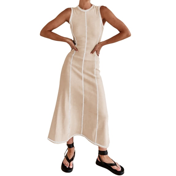 IBTOM CASTLE Women Summer Sleeveless Maxi Dress Casual Long Tank Tea Party Wedding Guest Dress Beach Vacation Sundress M Apricot