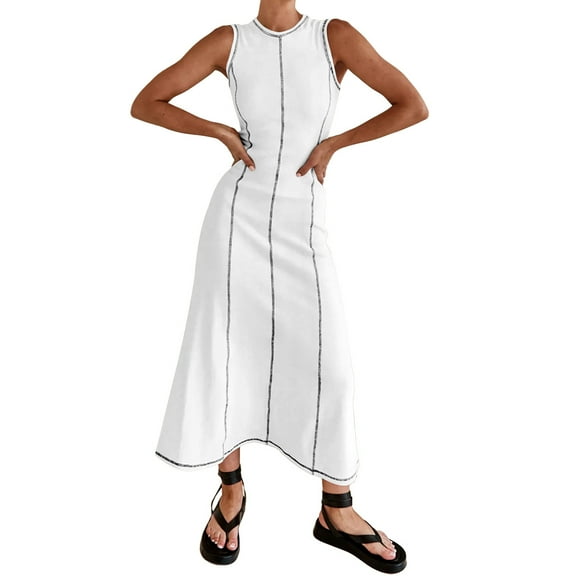 IBTOM CASTLE Women Summer Sleeveless Maxi Dress Casual Long Tank Tea Party Wedding Guest Dress Beach Vacation Sundress S White