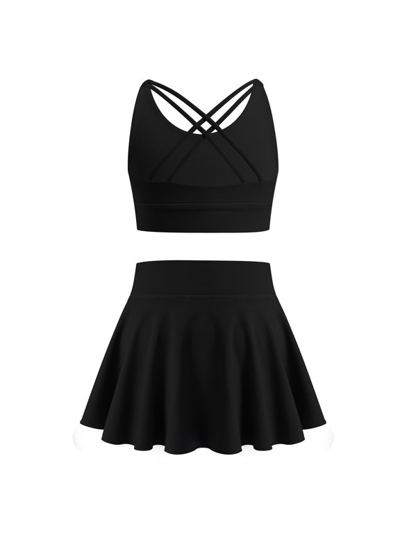 Women Tennis Skirt Set 2 Piece Workout Outfit Strappy Padded Tank with High Waisted Sport Skort Black