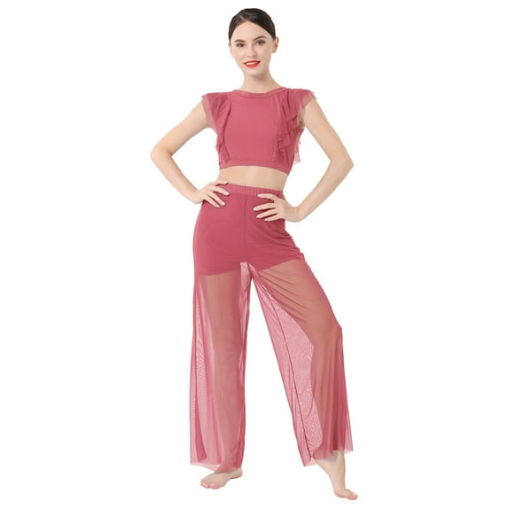IBTOM CASTLE Women Two Piece Lyrical Dance Outfit Criss Cross Crop Tops + Mesh Tulle Wide Leg Pants Modern Contemporary Dancewear XL Dusty Pink