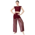 thumbnail image 1 of IBTOM CASTLE Women Two Piece Lyrical Dance Outfit Criss Cross Crop Tops + Mesh Tulle Wide Leg Pants Modern Contemporary Dancewear XL Wine Red, 1 of 8