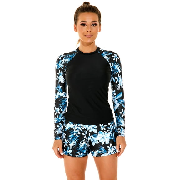 IBTOM CASTLE Women Two Piece Rash Guard Long Sleeve Swimsuits Sets UPF 50+ Cropped Swim Shirt with Boyshort Bottom Bathing Suits XL Black + Blue Floral