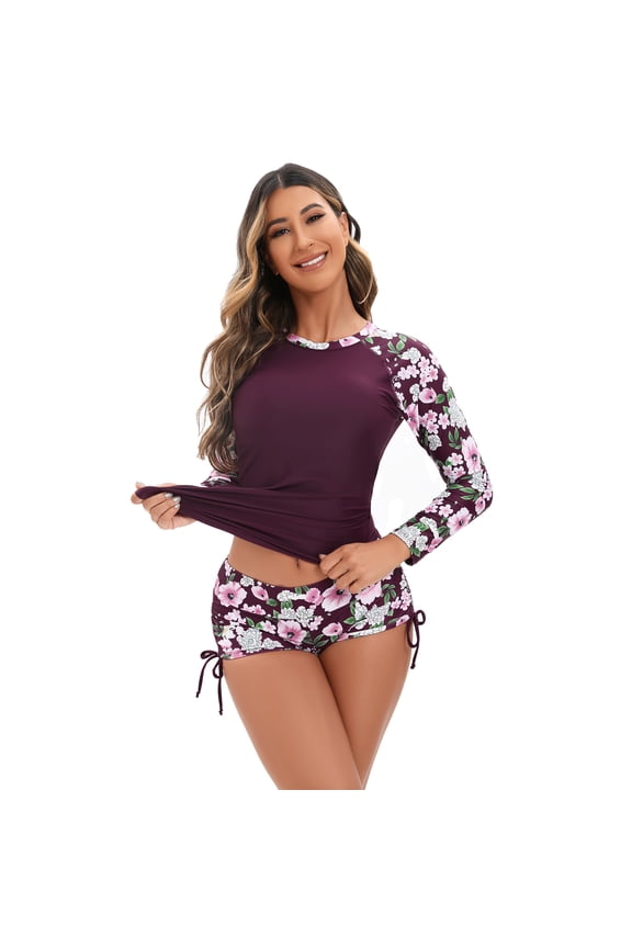 Women Two Piece Rash Guard Long Sleeve Swimsuits Sets UPF 50+ Cropped Swim Shirt with Boyshort Bottom Bathing Suits L Dark Purple