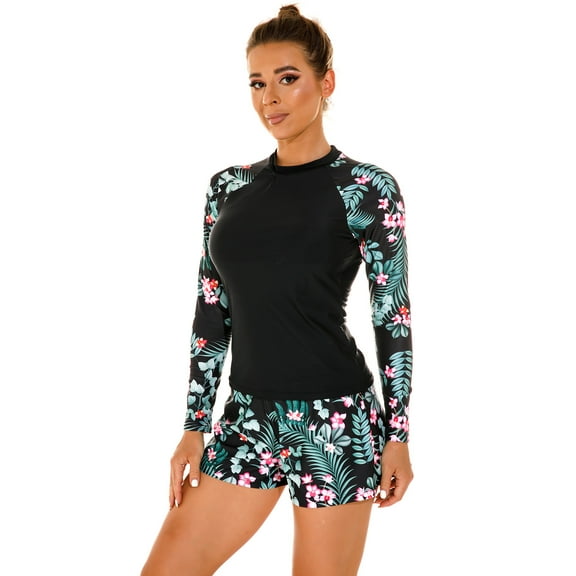 IBTOM CASTLE Women Two Piece Rash Guard Long Sleeve Swimsuits Sets UPF 50+ Cropped Swim Shirt with Boyshort Bottom Bathing Suits S Black + Green