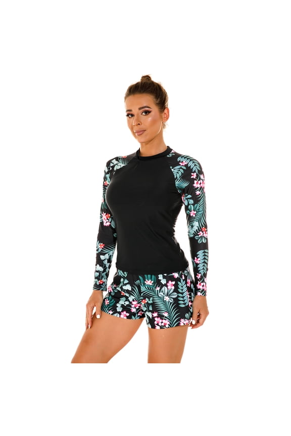 Women Two Piece Rash Guard Long Sleeve Swimsuits Sets UPF 50+ Cropped Swim Shirt with Boyshort Bottom Bathing Suits S Black + Green