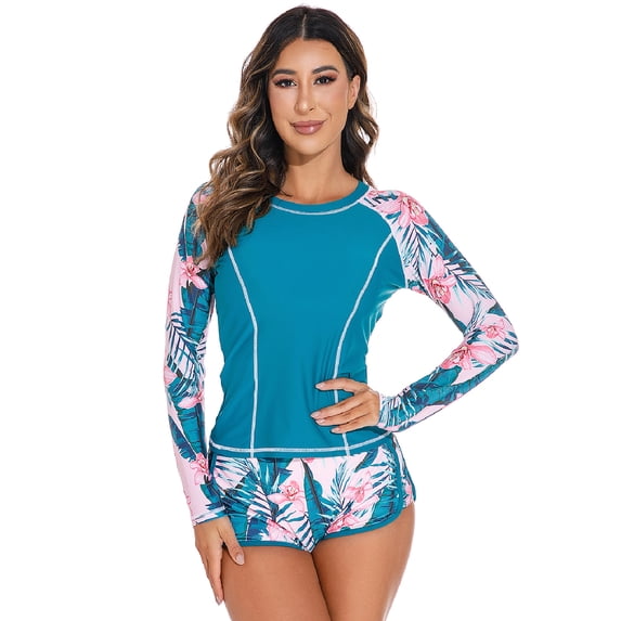 IBTOM CASTLE Women Two Piece Rash Guard Long Sleeve Swimsuits Sets UPF 50+ Cropped Swim Shirt with Boyshort Bottom Bathing Suits S Teal Blue