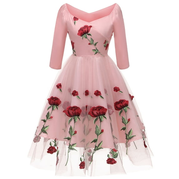 IBTOM CASTLE Women Vintage 1950s Embroidered Off Shoulder 3/4 Sleeves Flower Rose Wedding Cocktail Party Swing Gatsby Evening Short Gown L Pink