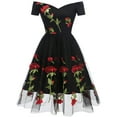 thumbnail image 1 of IBTOM CASTLE Women Vintage 1950s Embroidered Off Shoulder 3/4 Sleeves Flower Rose Wedding Cocktail Party Swing Gatsby Evening Short Gown M Black - Short Sleeve, 1 of 8
