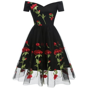 IBTOM CASTLE Women Vintage 1950s Embroidered Off Shoulder 3/4 Sleeves Flower Rose Wedding Cocktail Party Swing Gatsby Evening Short Gown M Black - Short Sleeve