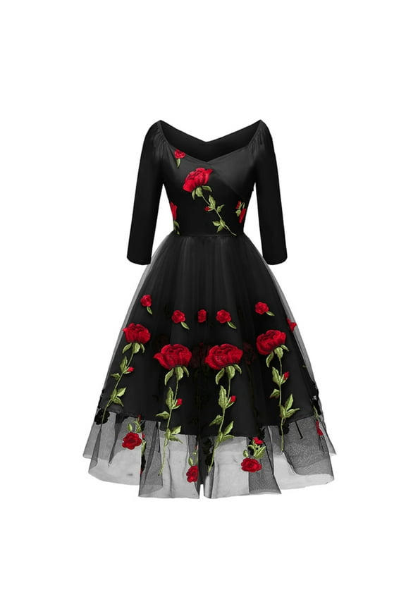 Women Vintage 1950s Embroidered Off Shoulder 3/4 Sleeves Flower Rose Wedding Cocktail Party Swing Gatsby Evening Short Gown S Black