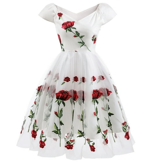 IBTOM CASTLE Women Vintage 1950s Embroidered Off Shoulder 3/4 Sleeves Flower Rose Wedding Cocktail Party Swing Gatsby Evening Short Gown S White - Short Sleeve