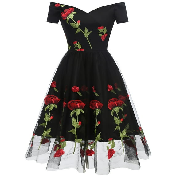 IBTOM CASTLE Women Vintage 1950s Embroidered Off Shoulder 3/4 Sleeves Flower Rose Wedding Cocktail Party Swing Gatsby Evening Short Gown XXL Black - Short Sleeve
