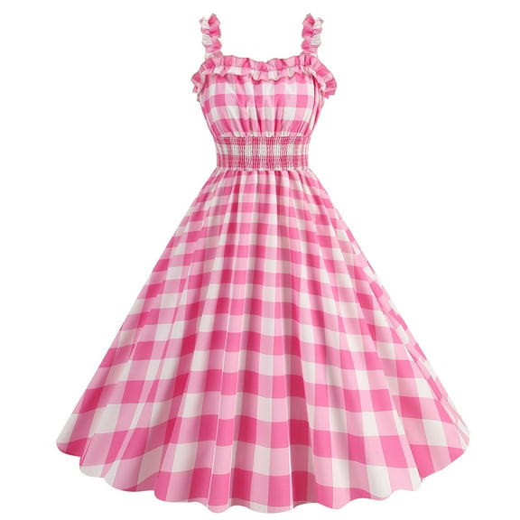 IBTOM CASTLE Women Vintage 1950s Halter Pink Gingham Polka Dots Swing Dress Cocktail Party Rockabilly Pinup Dresses M Pink Plaid