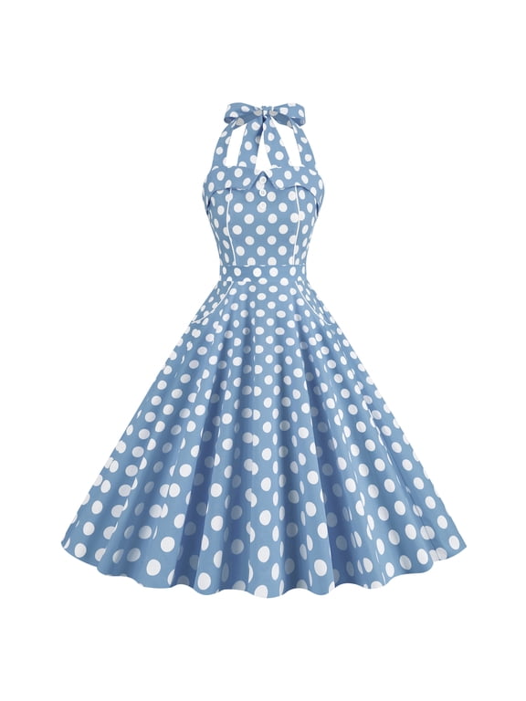 Women Vintage 1950s Halter Pink Gingham Polka Dots Swing Dress Cocktail Party Rockabilly Pinup Dresses S Light Blue Polka Dots