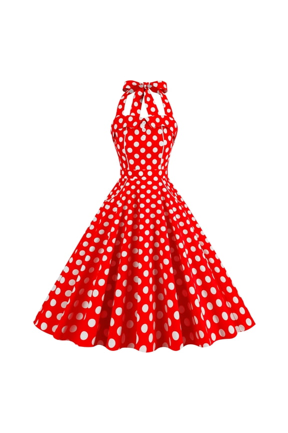 Women Vintage 1950s Halter Pink Gingham Polka Dots Swing Dress Cocktail Party Rockabilly Pinup Dresses S Red Polka Dots