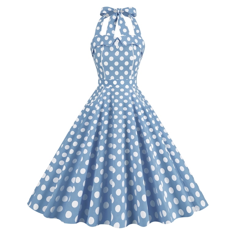 1950s halter dresses IBTOM CASTLE Women Vintage Pink Gingham Polka Dots Swing Dress Cocktail Party Rockabilly Pinup XL Light Blue Polka Dots Slim