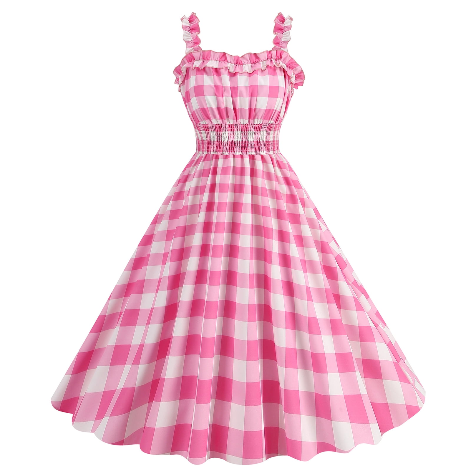 Pink Plaid Vintage High Waist Spaghetti Strap Bowknot Robe Pin Up Swing Casual Dress