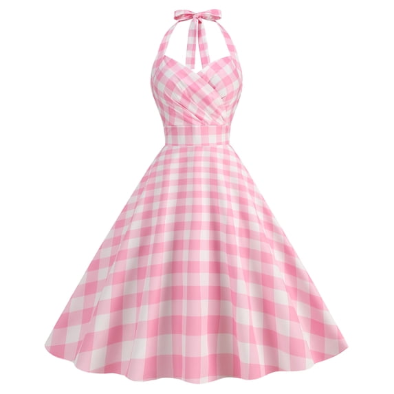 IBTOM CASTLE Women Vintage 1950s Halter Pink Gingham Polka Dots Swing Dress Cocktail Party Rockabilly Pinup Dresses XXL Light Pink Plaid