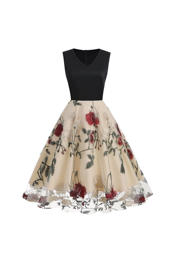 Women Vintage 1950s Sleeveless Floral Embroidery Flare A-line Dress Wedding Cocktail Party Swing Gatsby Evening Prom Short Gown S Apricot - Peony