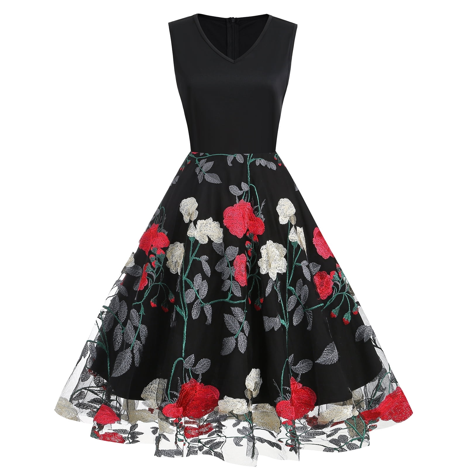 IBTOM CASTLE Women Vintage 1950s Sleeveless Floral Embroidery Flare A-line  Dress Wedding Cocktail Party Swing Gatsby Evening Prom Short Gown XXL Black  - Peony - Walmart Business Supplies