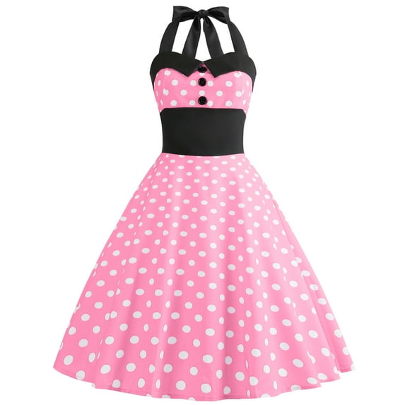 IBTOM CASTLE Women Vintage 50's 60's Rockabilly Audrey Hepburn Tea Dress Halter Polka Dot Wedding Cocktail 1950s Party Swing Short Gown 2XL Hot Pink