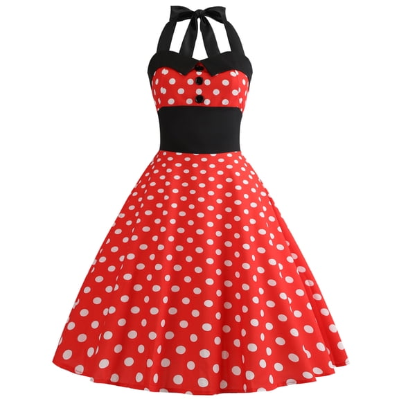 IBTOM CASTLE Women Vintage 50's 60's Rockabilly Audrey Hepburn Tea Dress Halter Polka Dot Wedding Cocktail 1950s Party Swing Short Gown 2XL Red