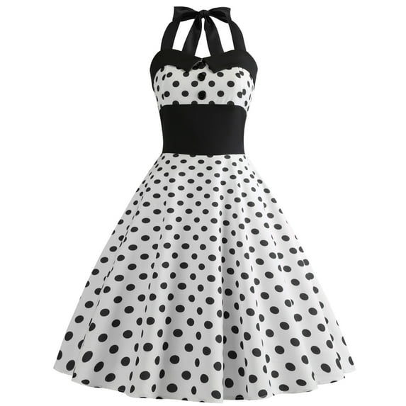 IBTOM CASTLE Women Vintage 50's 60's Rockabilly Audrey Hepburn Tea Dress Halter Polka Dot Wedding Cocktail 1950s Party Swing Short Gown 2XL White