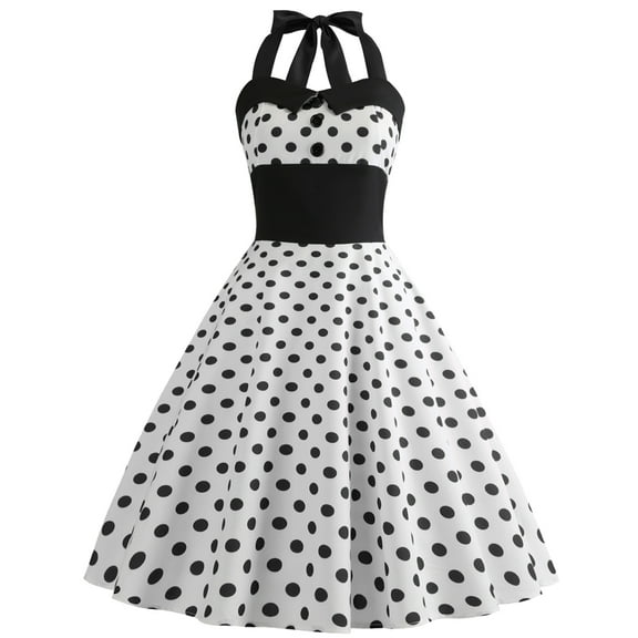 IBTOM CASTLE Women Vintage 50's 60's Rockabilly Audrey Hepburn Tea Dress Halter Polka Dot Wedding Cocktail 1950s Party Swing Short Gown 2XL White