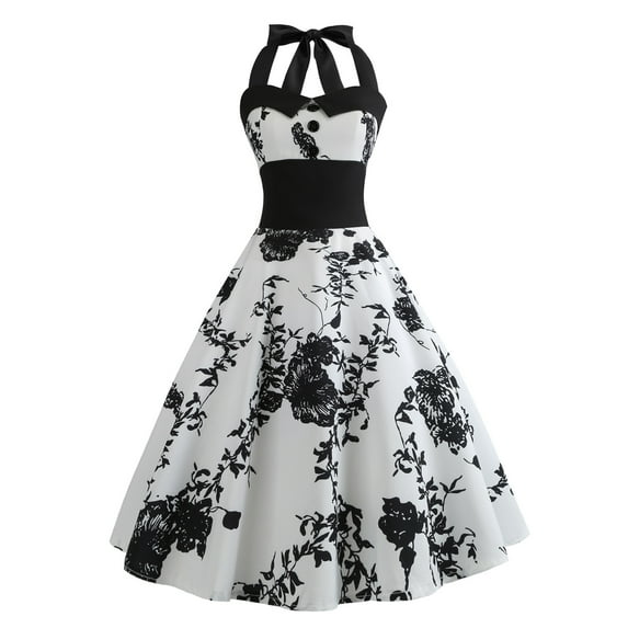 IBTOM CASTLE Women Vintage 50's 60's Rockabilly Audrey Hepburn Tea Dress Halter Polka Dot Wedding Cocktail 1950s Party Swing Short Gown M White + Black Flower