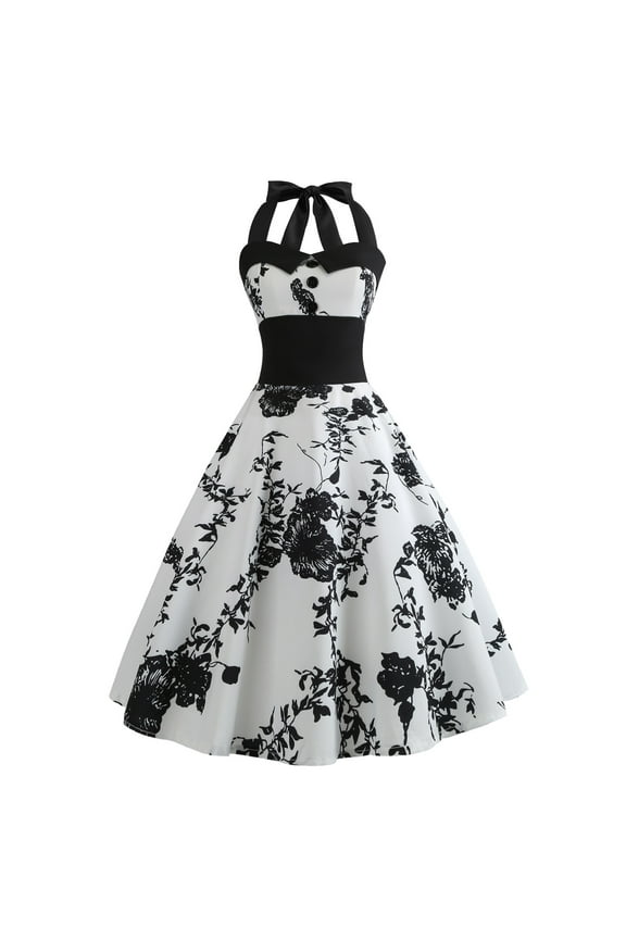 Women Vintage 50's 60's Rockabilly Audrey Hepburn Tea Dress Halter Polka Dot Wedding Cocktail 1950s Party Swing Short Gown M White + Black Flower