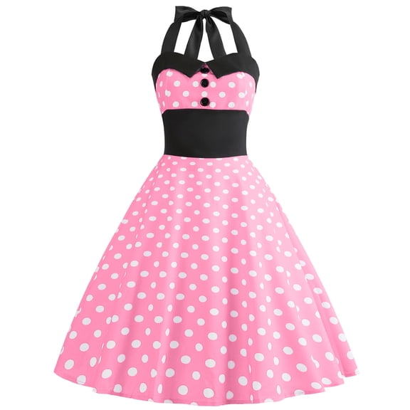 IBTOM CASTLE Women Vintage 50's 60's Rockabilly Audrey Hepburn Tea Dress Halter Polka Dot Wedding Cocktail 1950s Party Swing Short Gown S Hot Pink