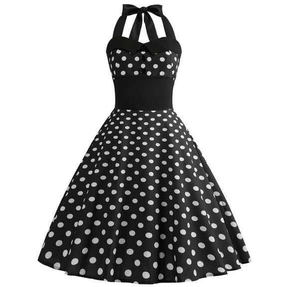 IBTOM CASTLE Women Vintage 50's 60's Rockabilly Audrey Hepburn Tea Dress Halter Polka Dot Wedding Cocktail 1950s Party Swing Short Gown XL Black