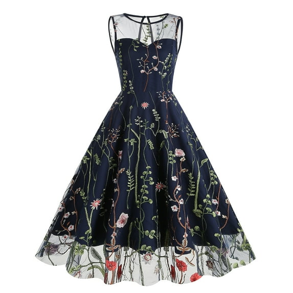 IBTOM CASTLE Women Vintage Dress 1950s Sleeveless Mesh Patchwork Cocktail Swing Dress Floral Embroidery Flare A-Line Dress Wedding Guest Evening Prom Gown XL Navy Blue