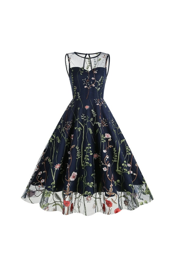 Women Vintage Dress 1950s Sleeveless Mesh Patchwork Cocktail Swing Dress Floral Embroidery Flare A-Line Dress Wedding Guest Evening Prom Gown S Navy Blue